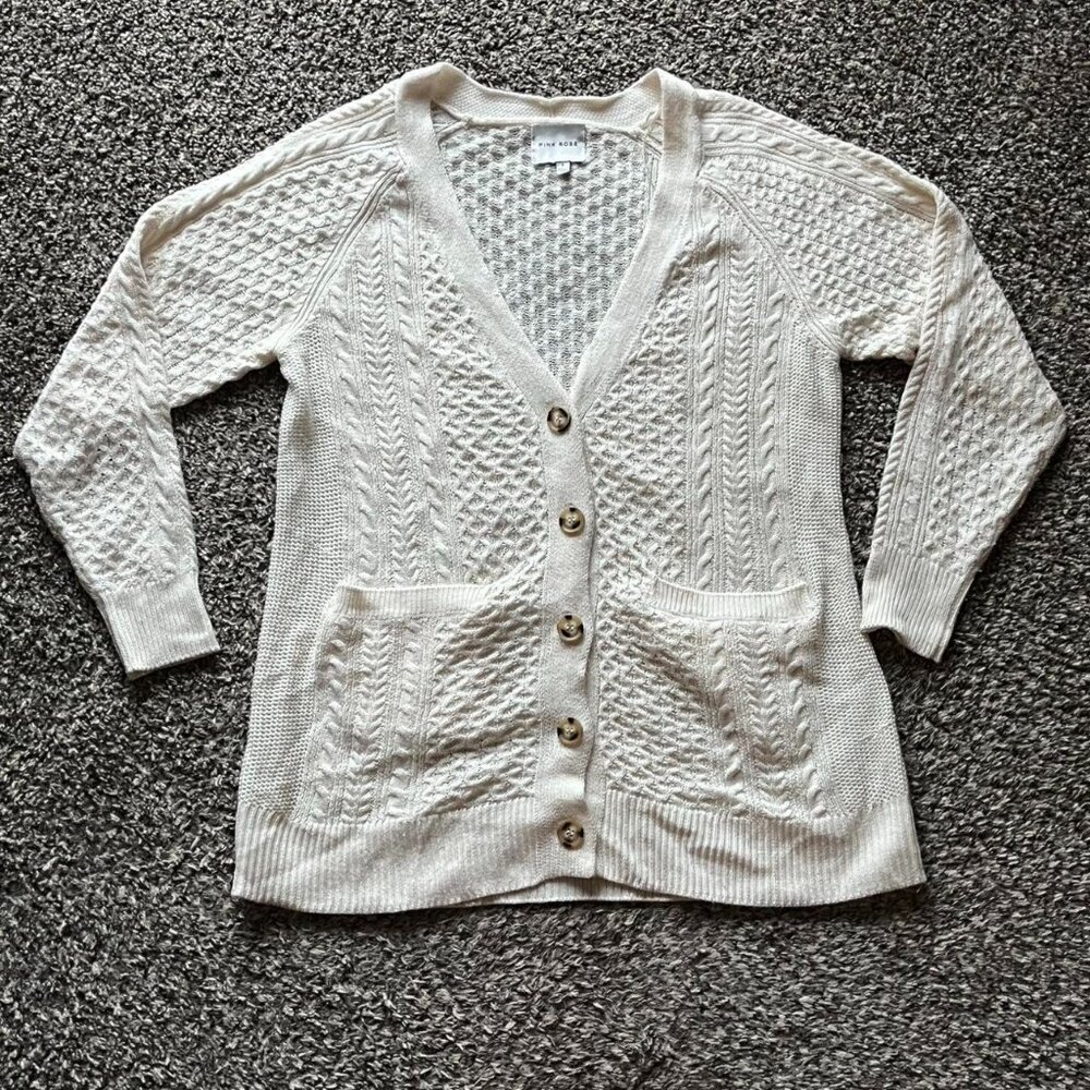 Pink Rose Cable Knit Cardigan Womens Large Cream Cottagecore Pockets